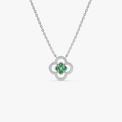 14k Solid Gold Round Emerald 0.10 CTW and Diamond 0.10 CTW Clover Halo Pendant Necklace