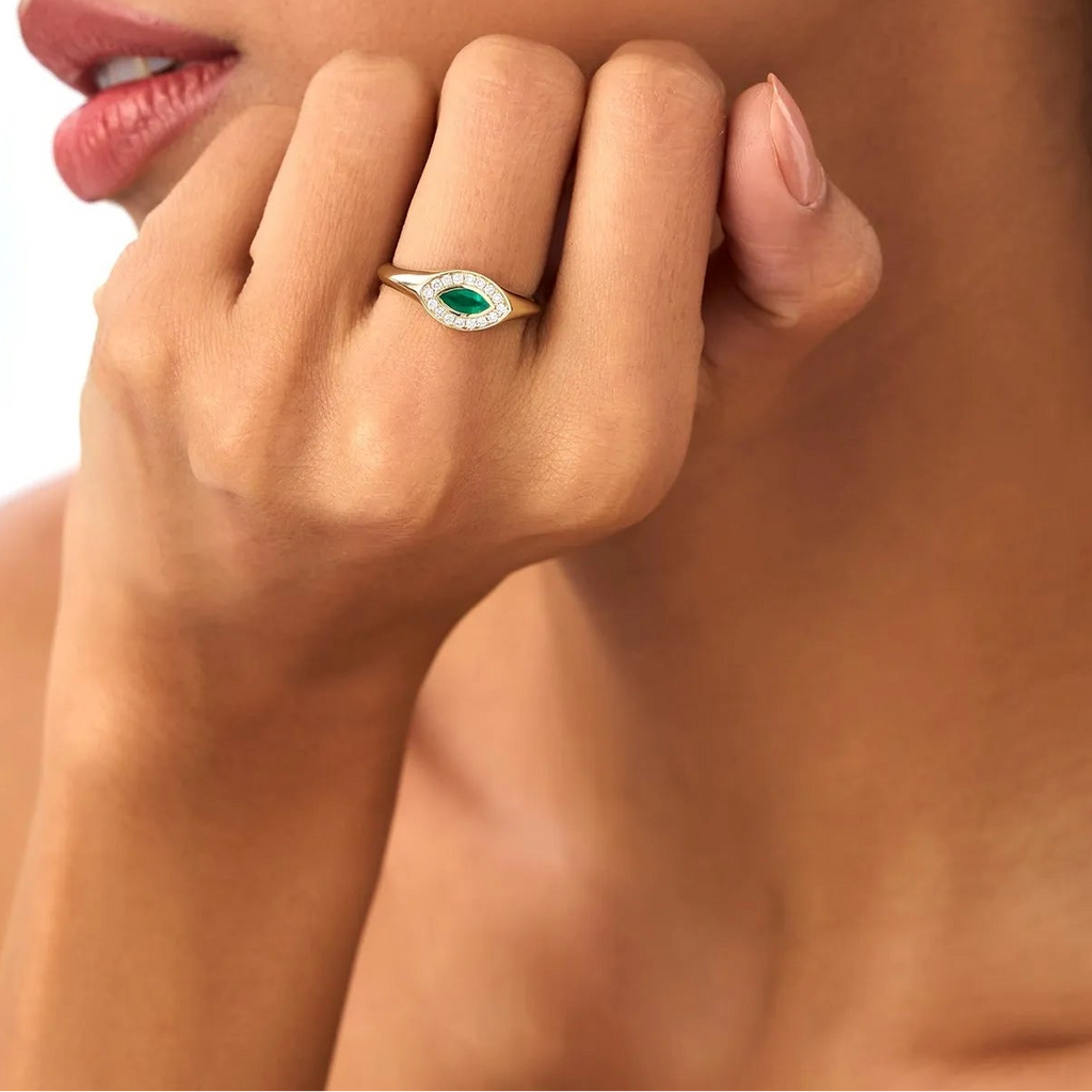 14K Gold Marquise Emerald and Round Diamond Halo Ring 0.31 CTW