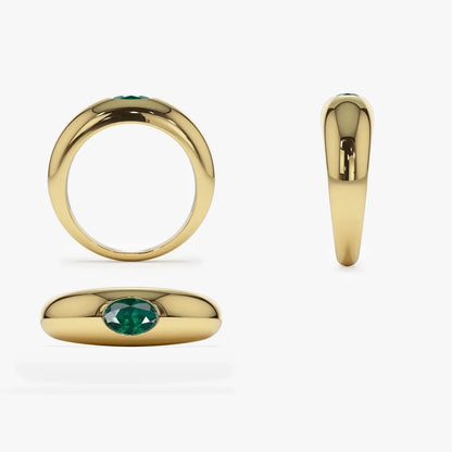 14K Solid Gold Oval Emerald Flush Set Dome Ring 0.49 CTW Handcrafted Jewelry