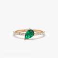 14K Solid Gold Slanted Pear Emerald and Round Diamond Pave Ring 0.50 CTW Handcrafted Jewelry