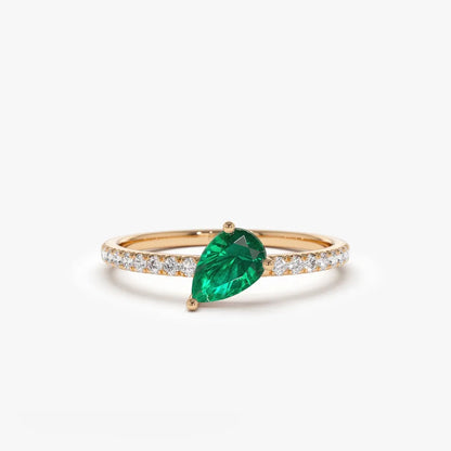 14K Solid Gold Slanted Pear Emerald and Round Diamond Pave Ring 0.50 CTW Handcrafted Jewelry