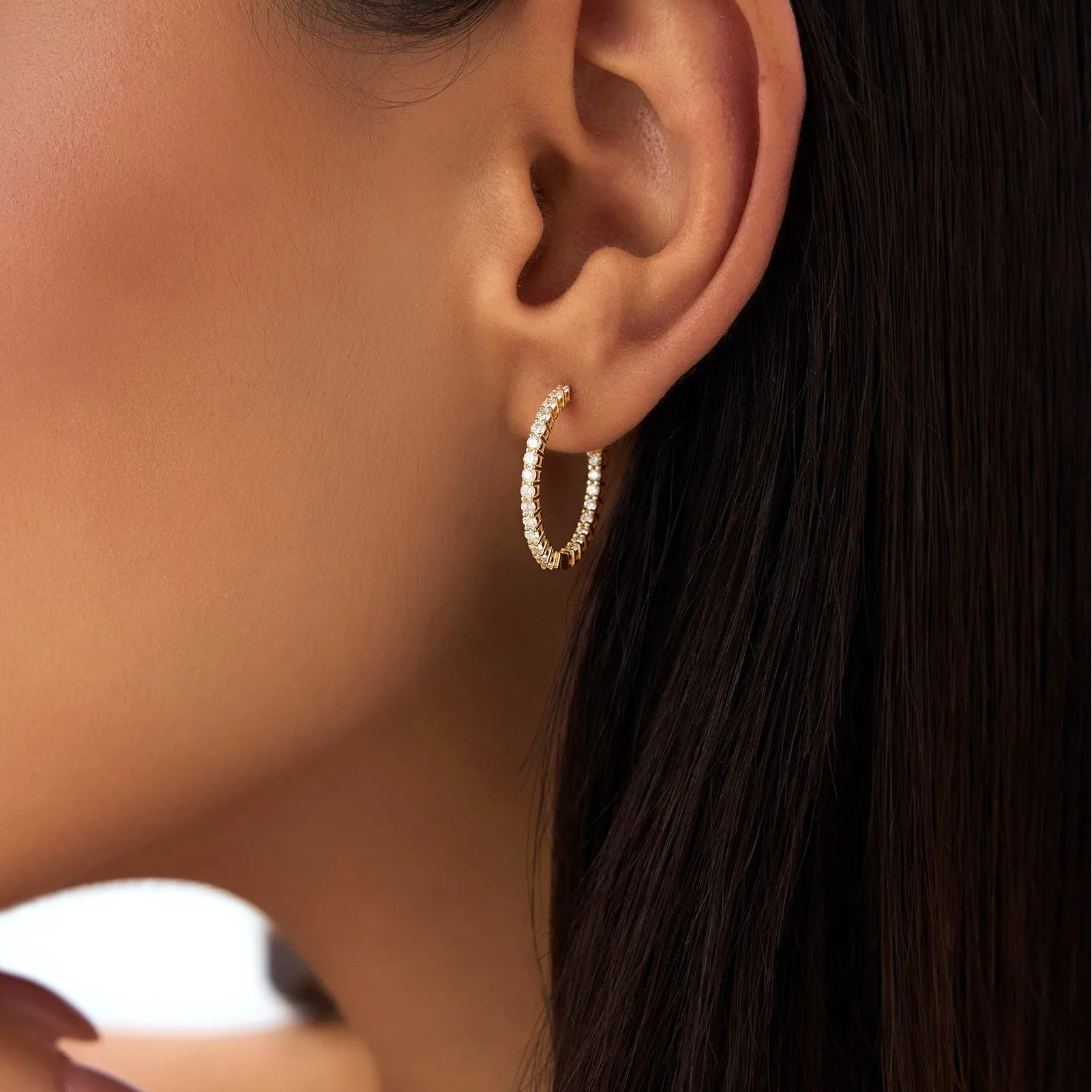 14k Gold Diamond Round Cut Inside Out Hoop Earrings Prong Setting 0.99 ctw