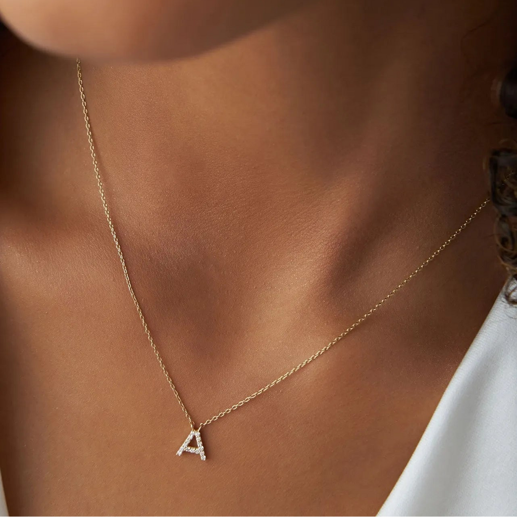 14k Solid Gold Round Diamond 0.13 to 0.18 CTW Micro Pave Initial Pendant Necklace