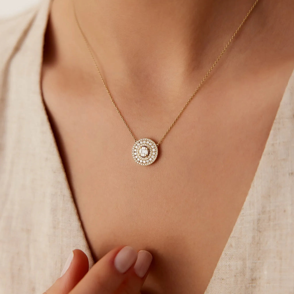 14K Solid Gold Round Marquise and Princess Cut Diamond Illusion Halo Pendant Necklace 0.84ctw