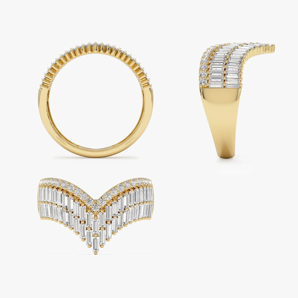 14k Solid Gold Baguette and Round Diamond 0.99 Carat Chevron Statement Ring
