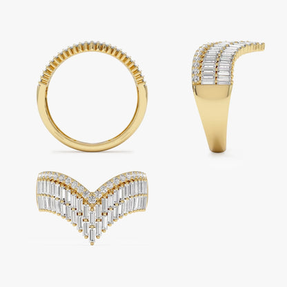 14k Solid Gold Baguette and Round Diamond 0.99 Carat Chevron Statement Ring