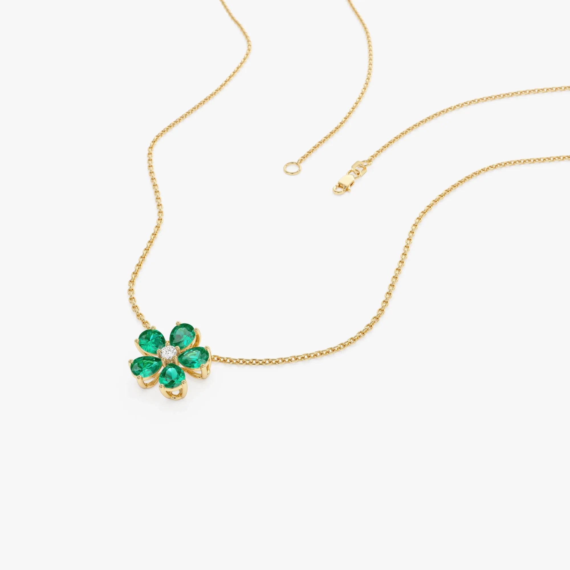 14k Solid Yellow Gold Pear Shape Emerald 0.65 CTW and Round Diamond 0.03 CTW Floral Flower Pendant Necklace