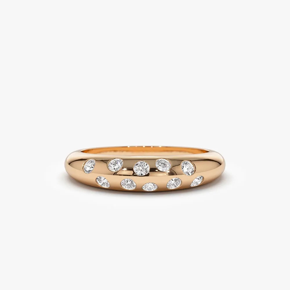 14K Solid Gold Round Diamond 0.30 Carat Dome Zig Zag Flush Setting Ring