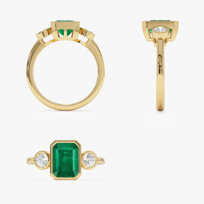 14K Solid Gold Emerald Cut Emerald Round Diamond Three Stone Bezel Set Ring 1.89 CTW