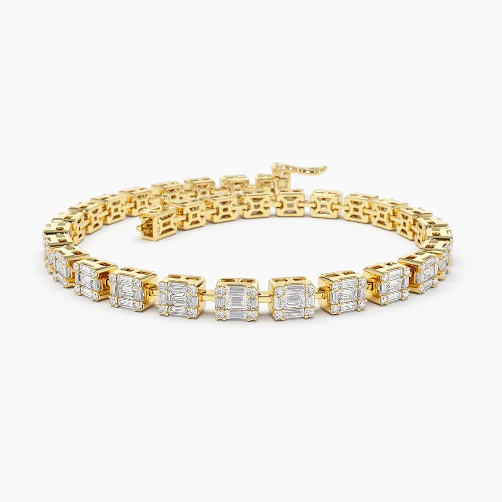 14K Solid Gold 2.43 CTW Baguette and Round Diamond Illusion Setting Tennis Bracelet