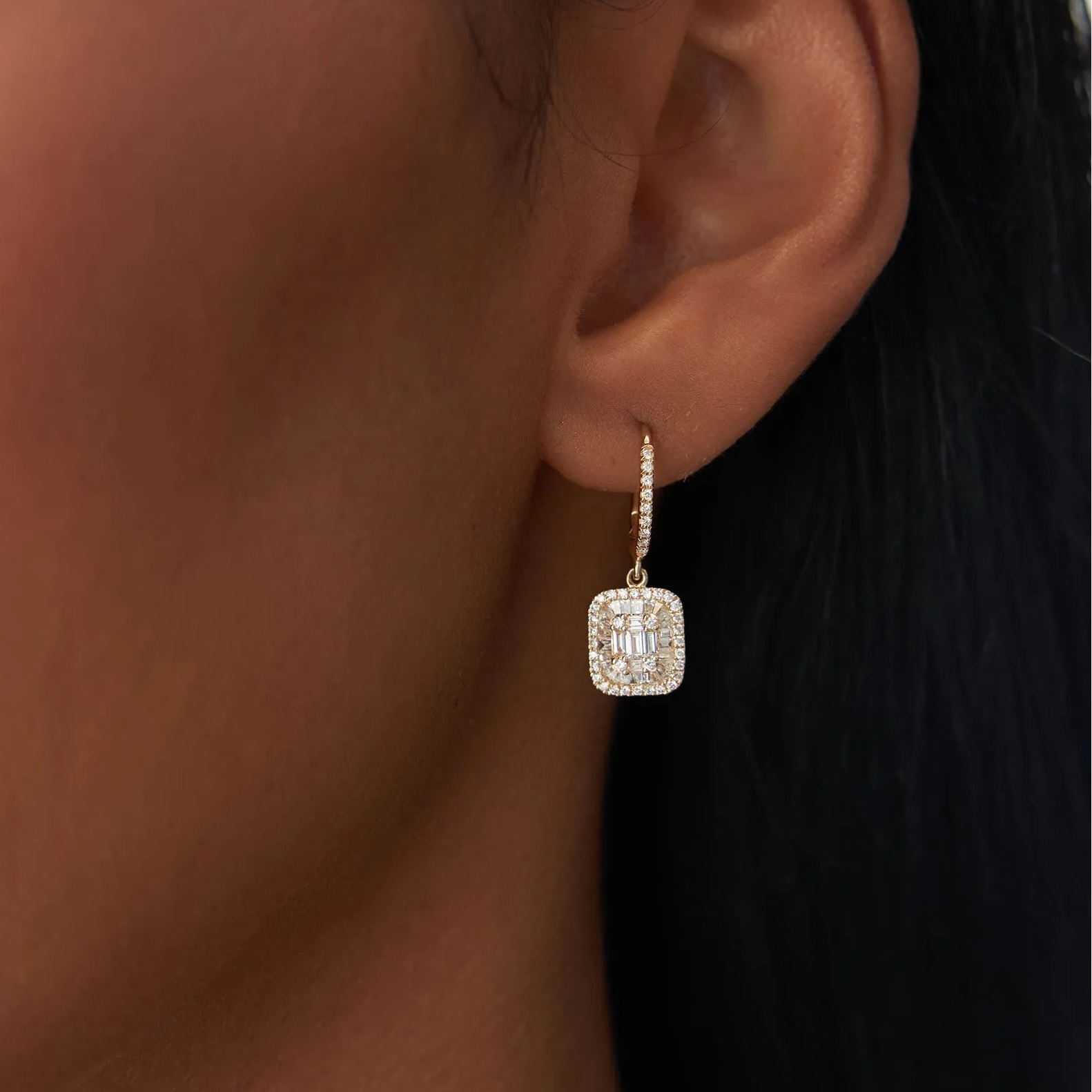 14k Gold Diamond Baguette and Round Cut Illusion Setting Dangling Hoop Earrings 0.98 ctw