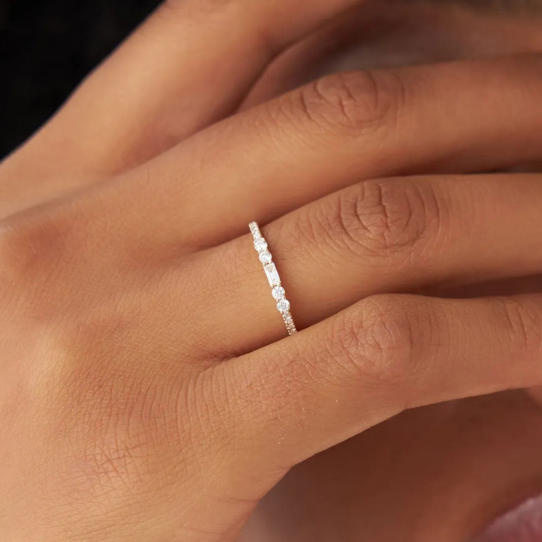 14K Gold Baguette and Round Diamond Stackable Ring 0.19 ctw