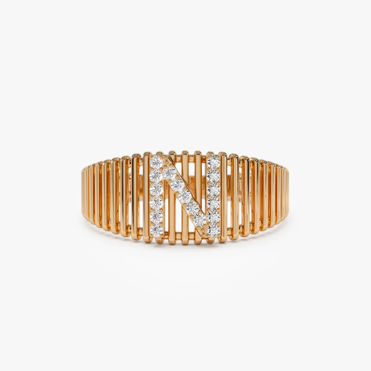 14K Solid Gold Round Diamond Ribbed Cage Initial Ring Personalized Custom Jewelry