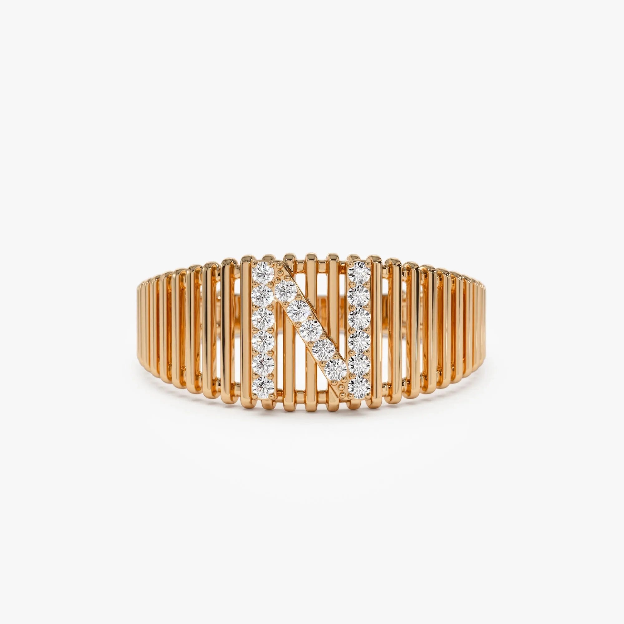 14K Solid Gold Round Diamond Ribbed Cage Initial Ring Personalized Custom Jewelry