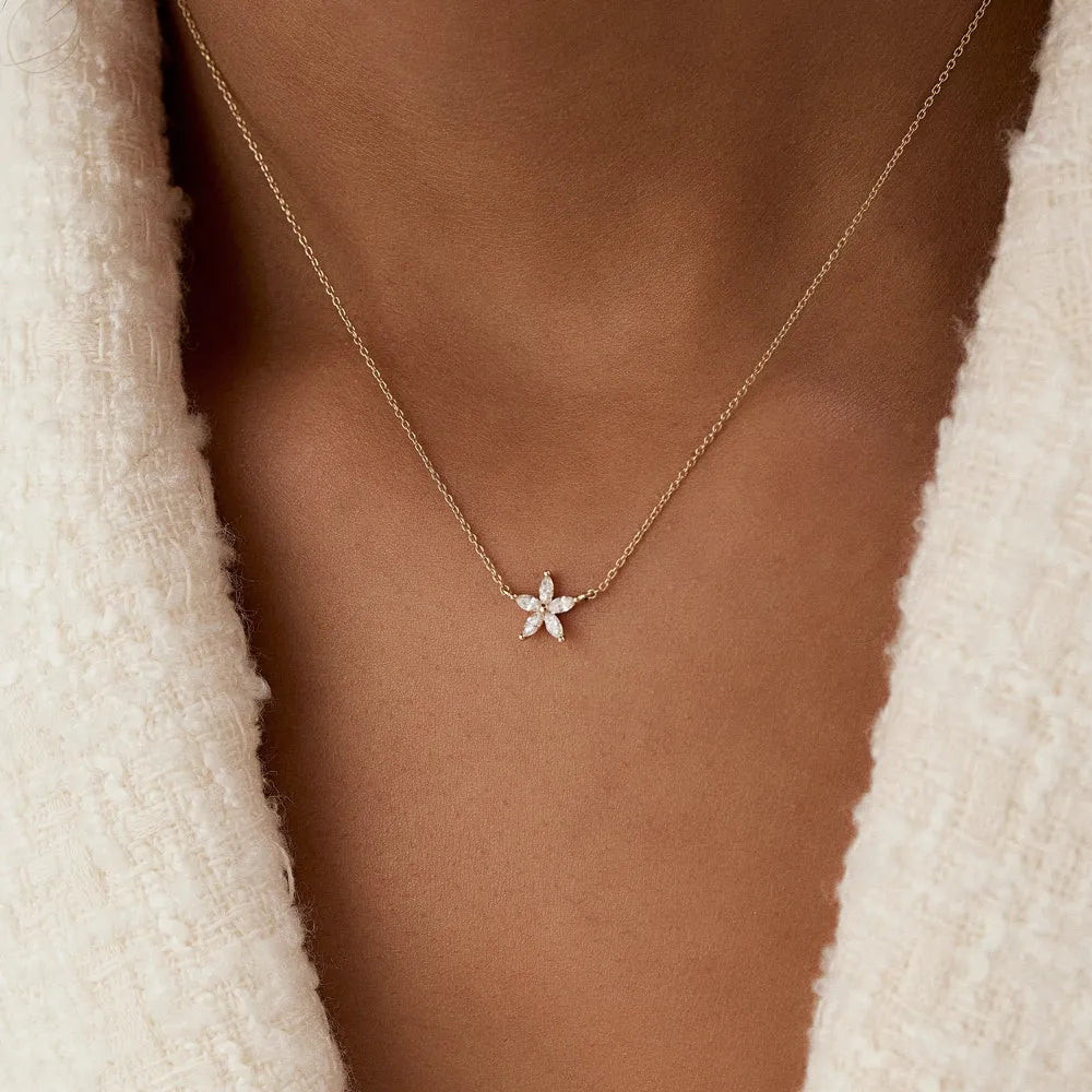 14K Solid Gold Marquise Diamond Flower Pendant Necklace 0.32ctw