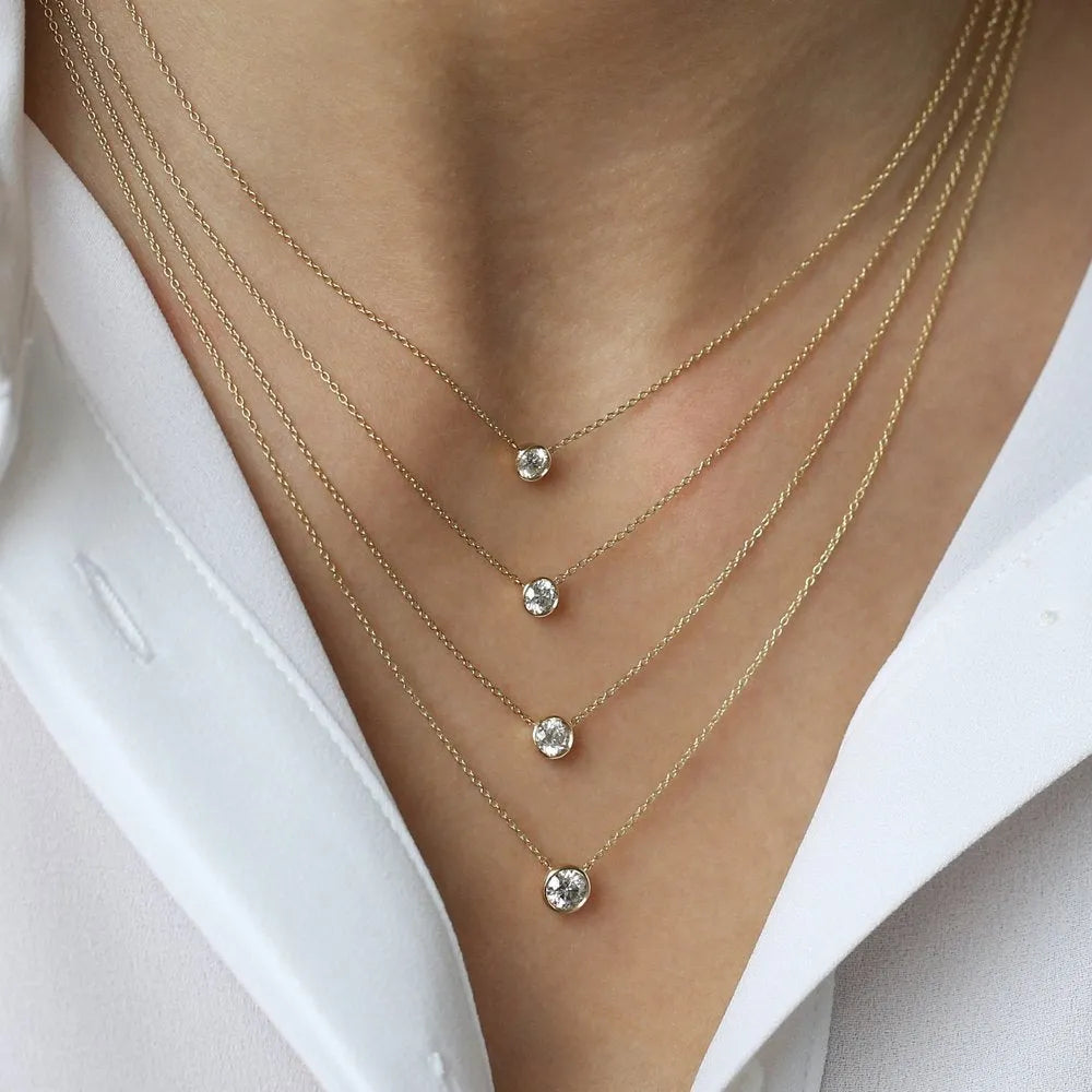 14K Solid Gold Round Diamond Solitaire Necklace Bezel Set 0.50ctw