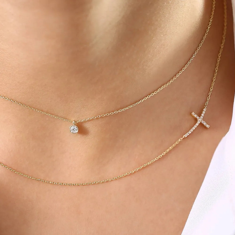 14k Solid Gold Round Diamond Solitaire Bezel Set Pendant Necklace