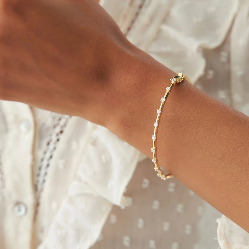 14K Solid Gold 0.55 CTW Round Diamond Bar Bangle