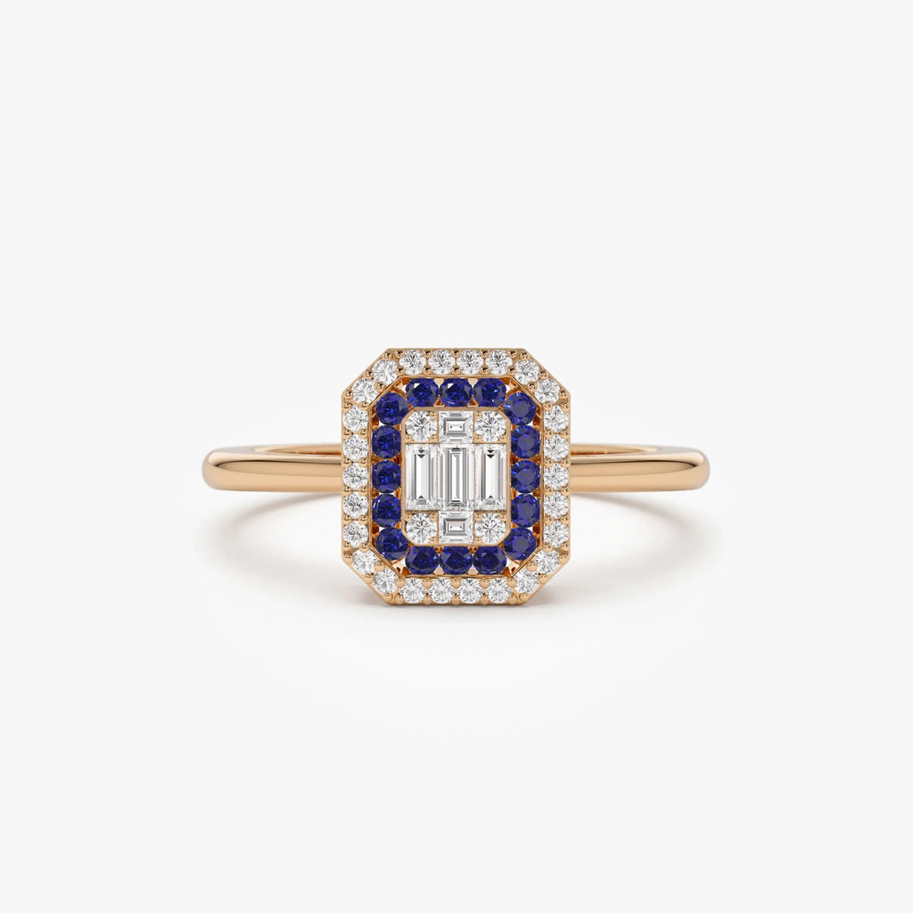 14k Gold Sapphire and Diamond Baguette and Round Cut Halo Setting Ring 0.47 ctw