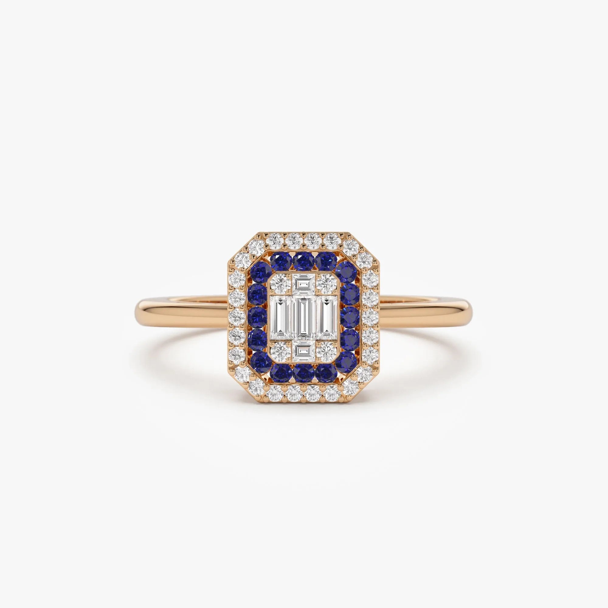14k Gold Sapphire and Diamond Baguette and Round Cut Halo Setting Ring 0.47 ctw