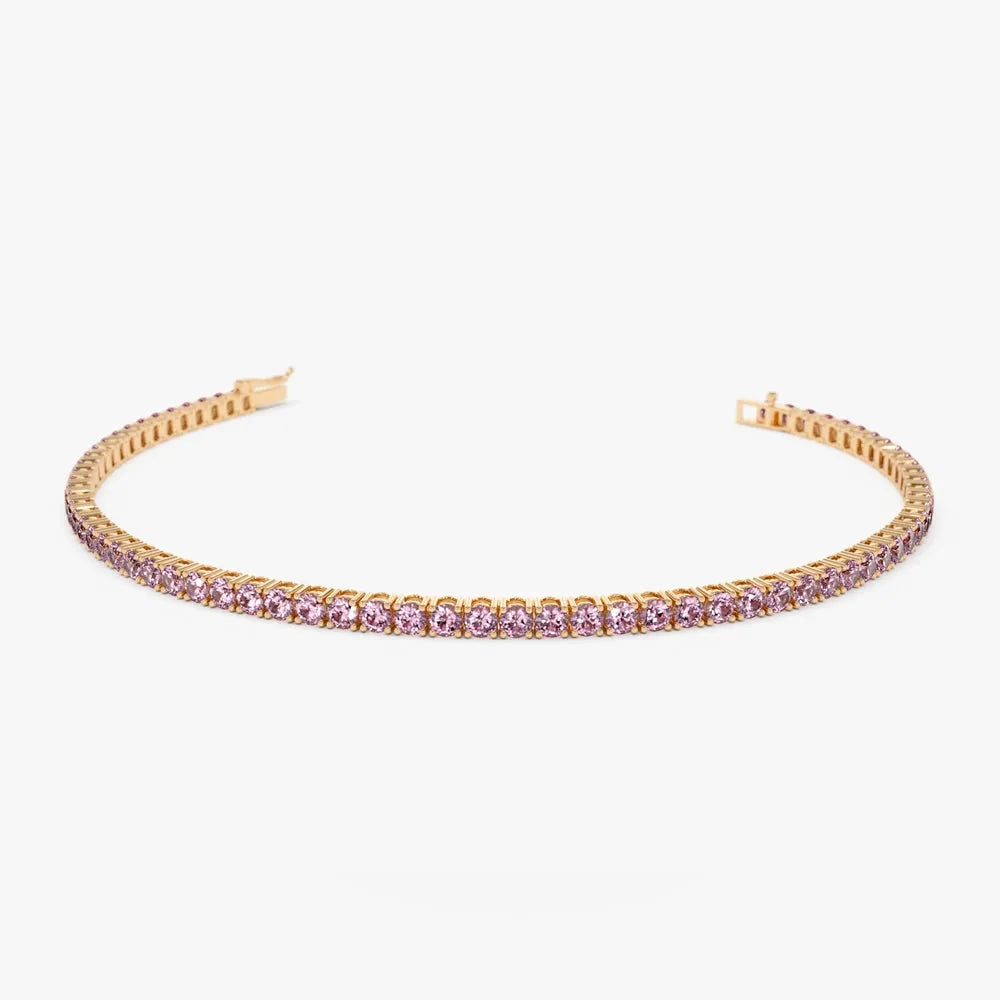 14k Gold Round Pink Tourmaline 4 Prong Tennis Bracelet