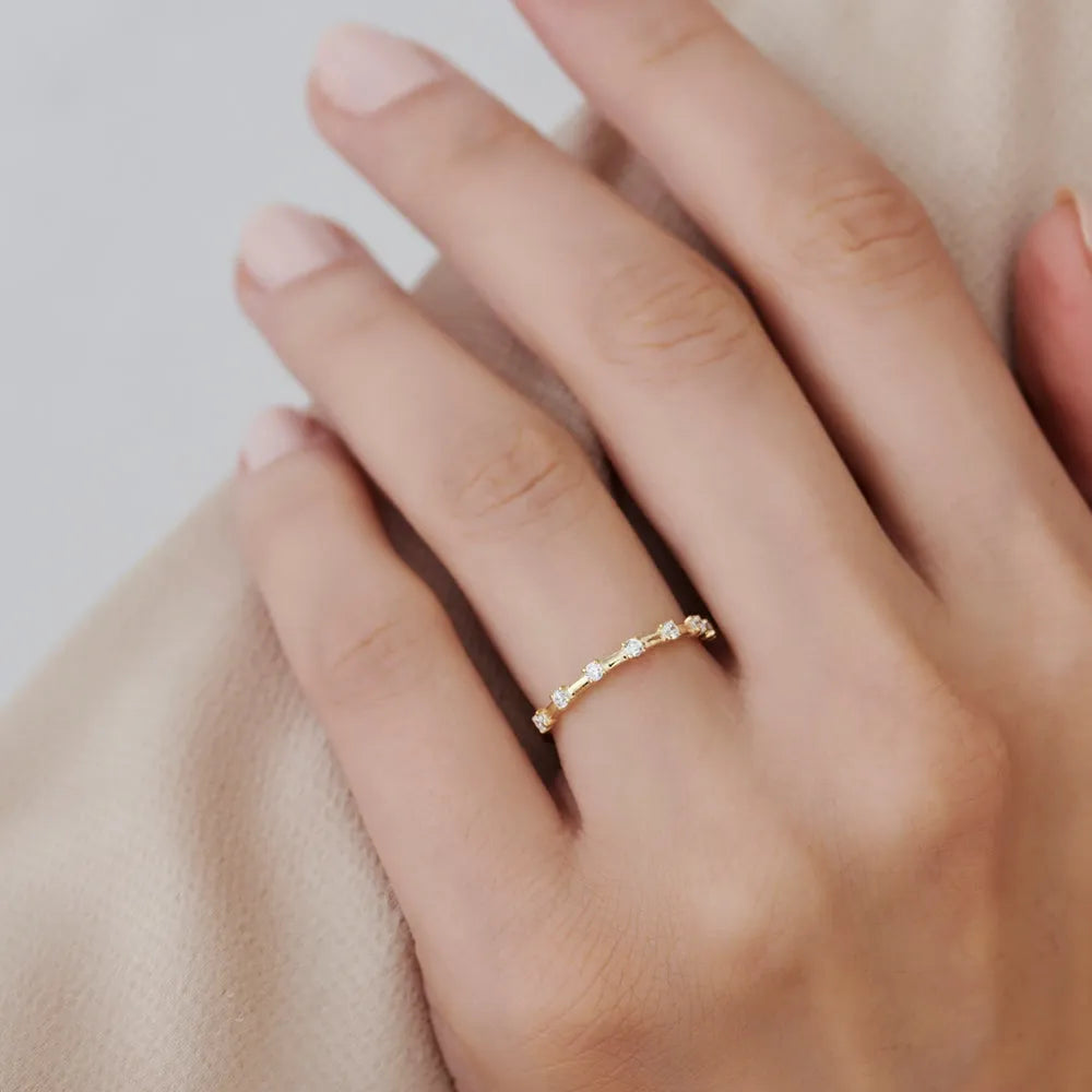 14K Gold Round Diamond 0.20ctw Half Eternity Minimalist Wedding Ring