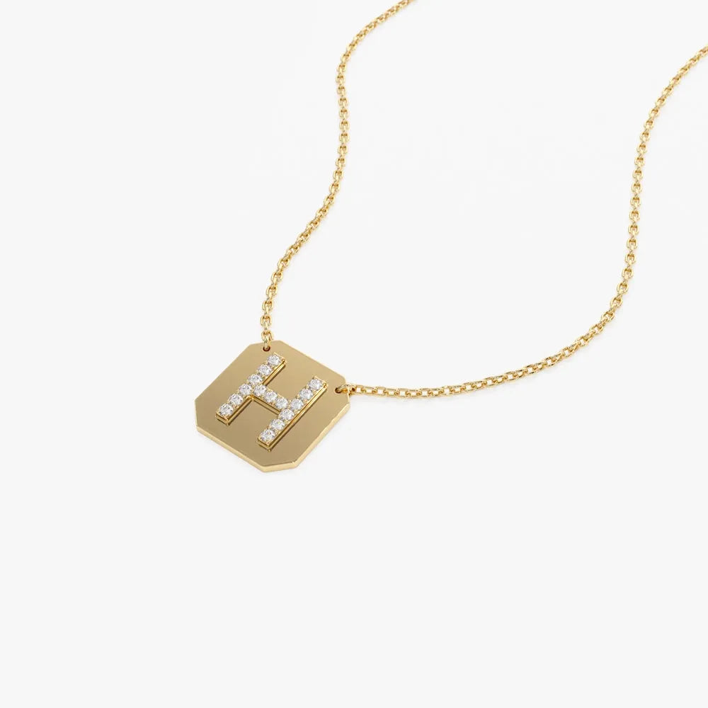 14K Solid Gold Round Diamond Initial Letter Pendant Necklace Prong Setting 0.10ctw
