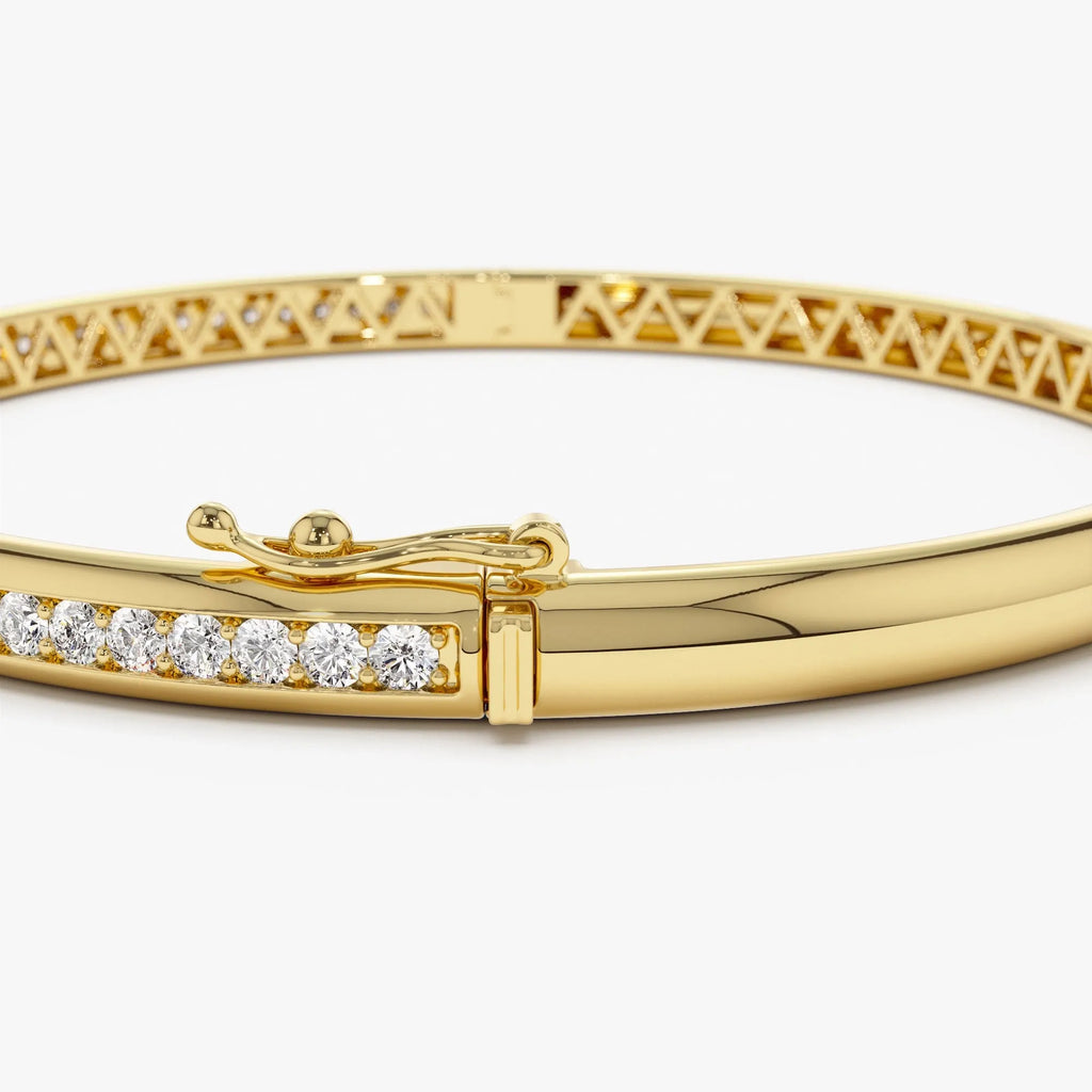 14K Solid Gold 1.00 CTW Round Diamond Dome Bangle
