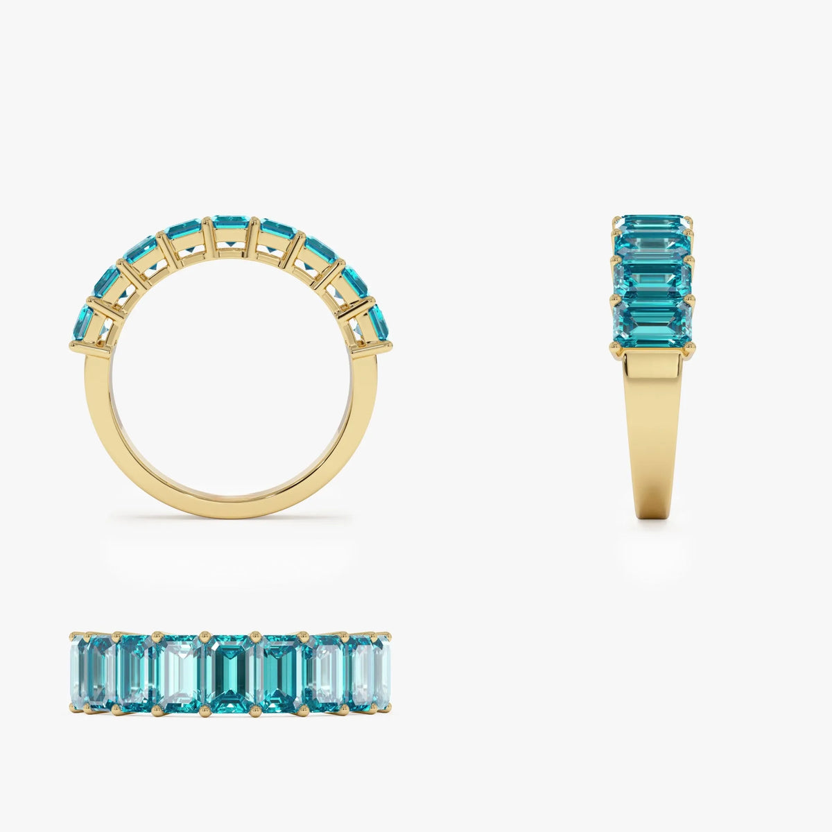 14K Solid Gold Emerald Cut Swiss Blue Topaz 3.00 Carat Nine Stone Ring
