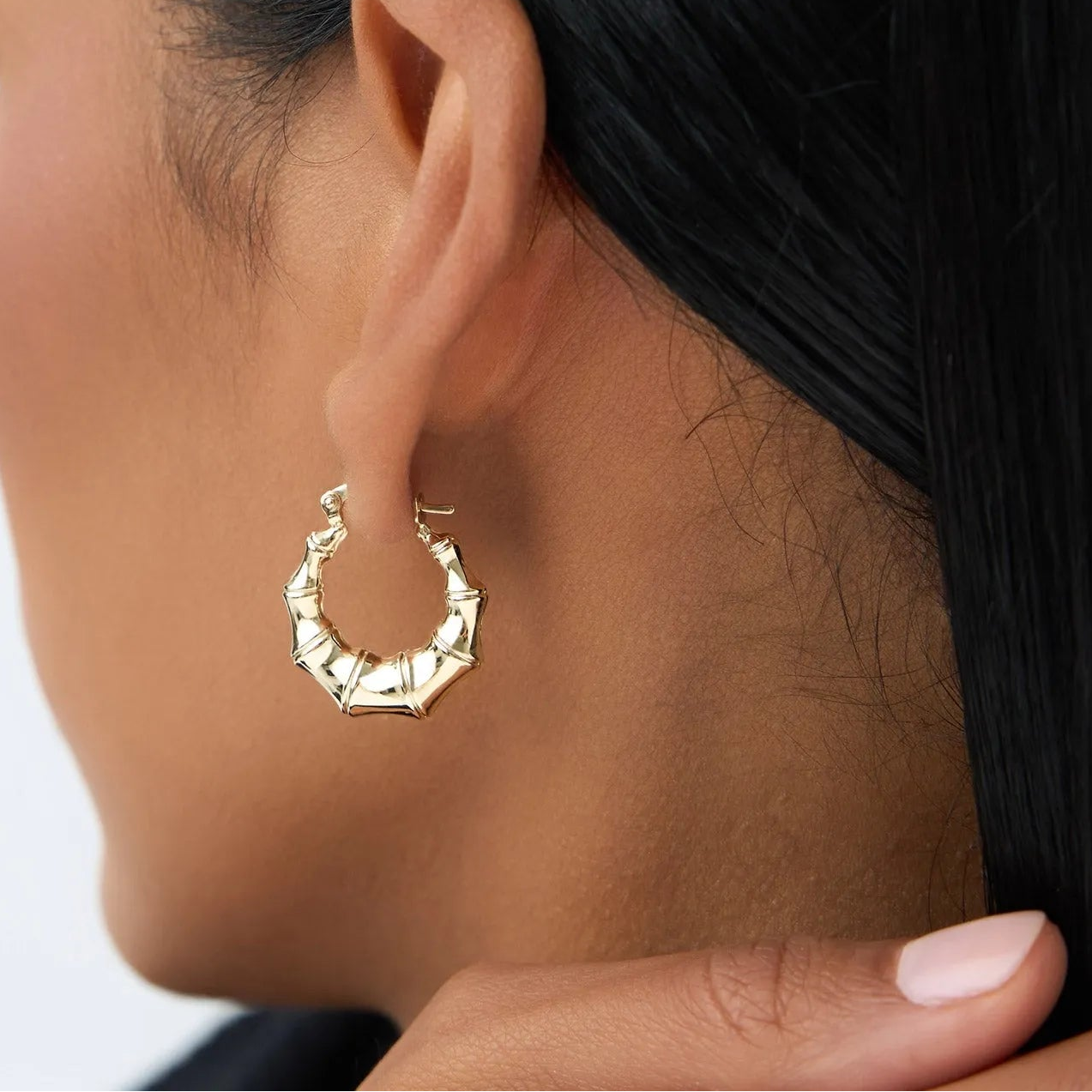 14k Yellow Gold Bamboo Style Hoop Earrings 20mm Outer Diameter