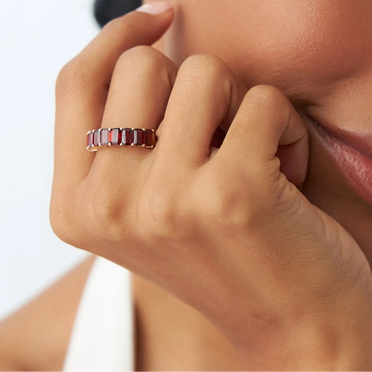 14K Solid Gold Emerald Cut Garnet 3.10 Carat Nine Stone Ring