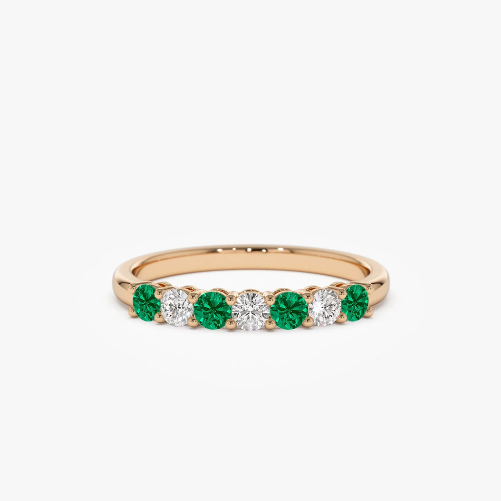 14K Solid Gold Round Emerald and Diamond 7 Stone Basket Setting Wedding Ring 0.40 CTW
