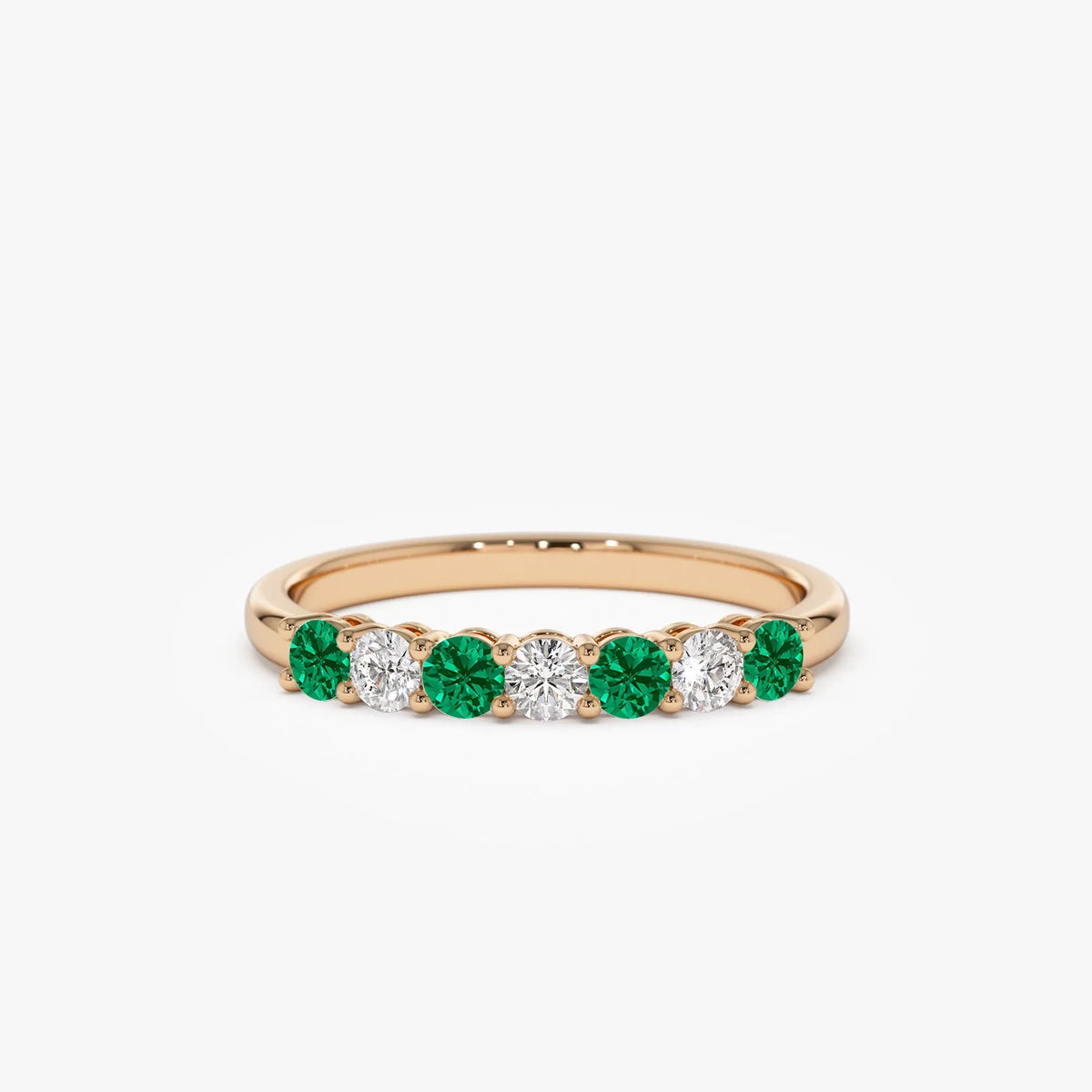 14K Solid Gold Round Emerald and Diamond 7 Stone Basket Setting Wedding Ring 0.40 CTW
