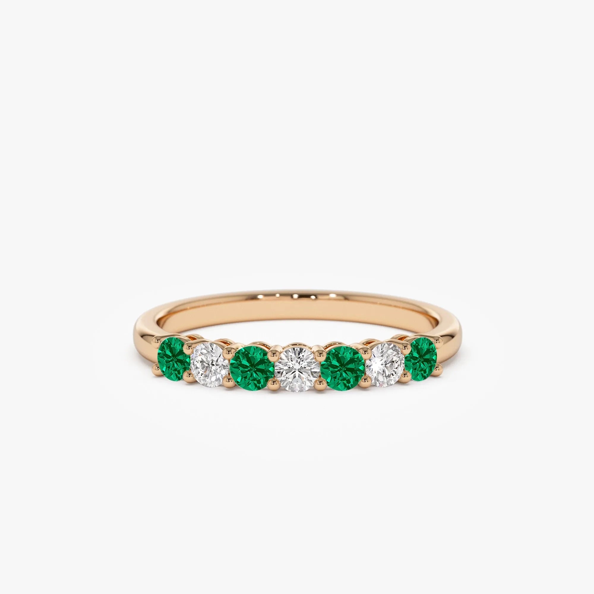 14K Solid Gold Round Emerald and Diamond 7 Stone Basket Setting Wedding Ring 0.40 CTW