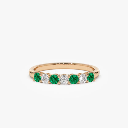 14K Solid Gold Round Emerald and Diamond 7 Stone Basket Setting Wedding Ring 0.40 CTW