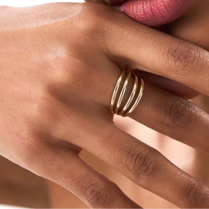 14k Gold Four Band Statement Ring Wide Multi Layer Style