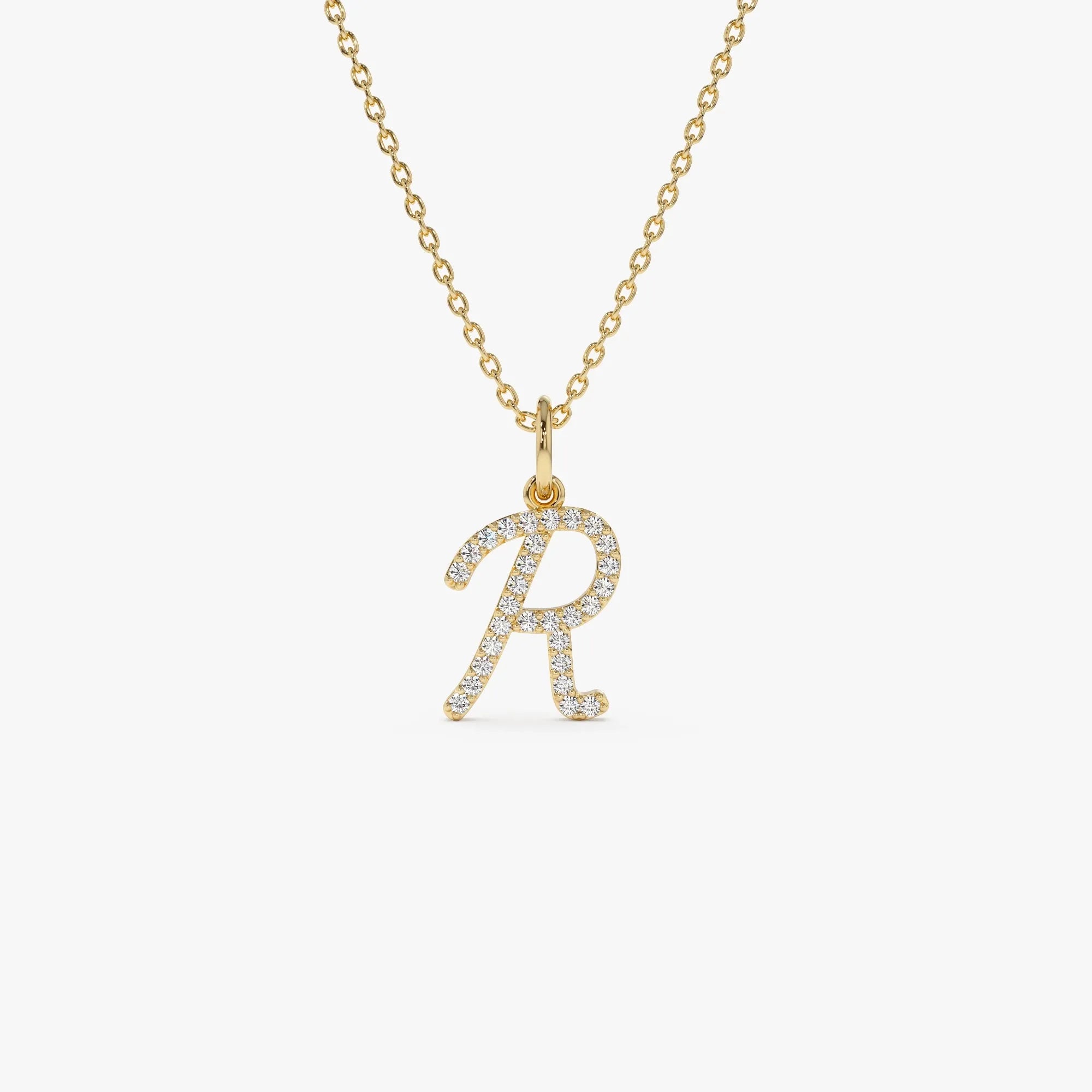 14K Solid Gold 0.15 CTW Round Diamond Script Initial Necklace