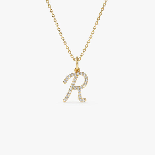 14K Solid Gold 0.15 CTW Round Diamond Script Initial Necklace