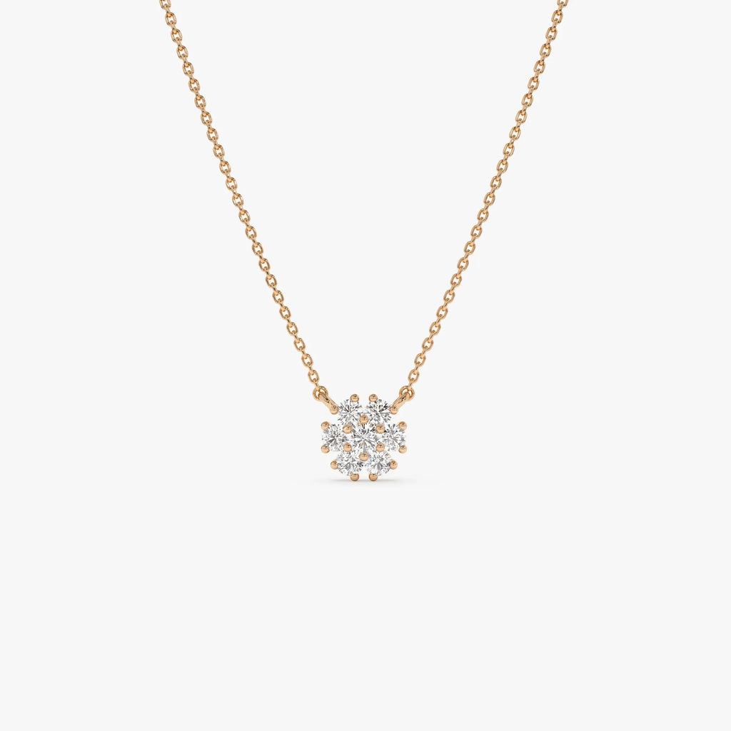 14K Solid Gold 0.23 CTW Round Diamond Cluster Flower Necklace