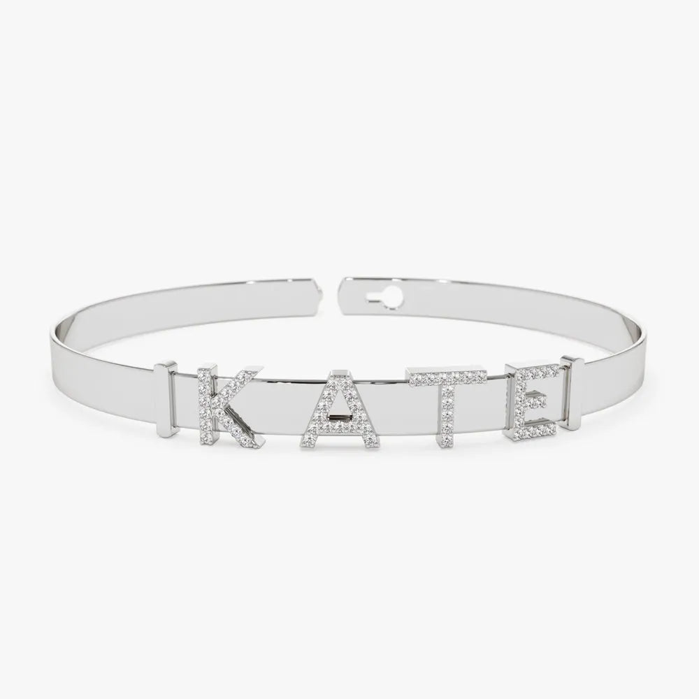 14K Solid Gold Round Diamond Sliding Initial Bangle