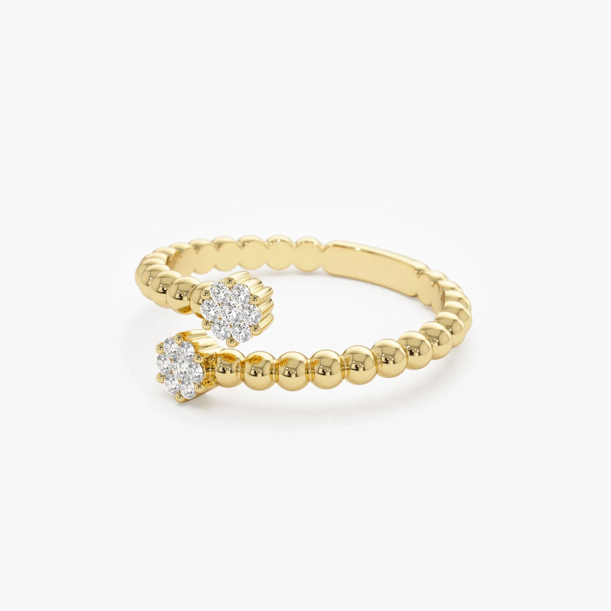 14k Solid Gold Round Diamond 0.14 ctw Beaded Open Bypass Illusion Ring