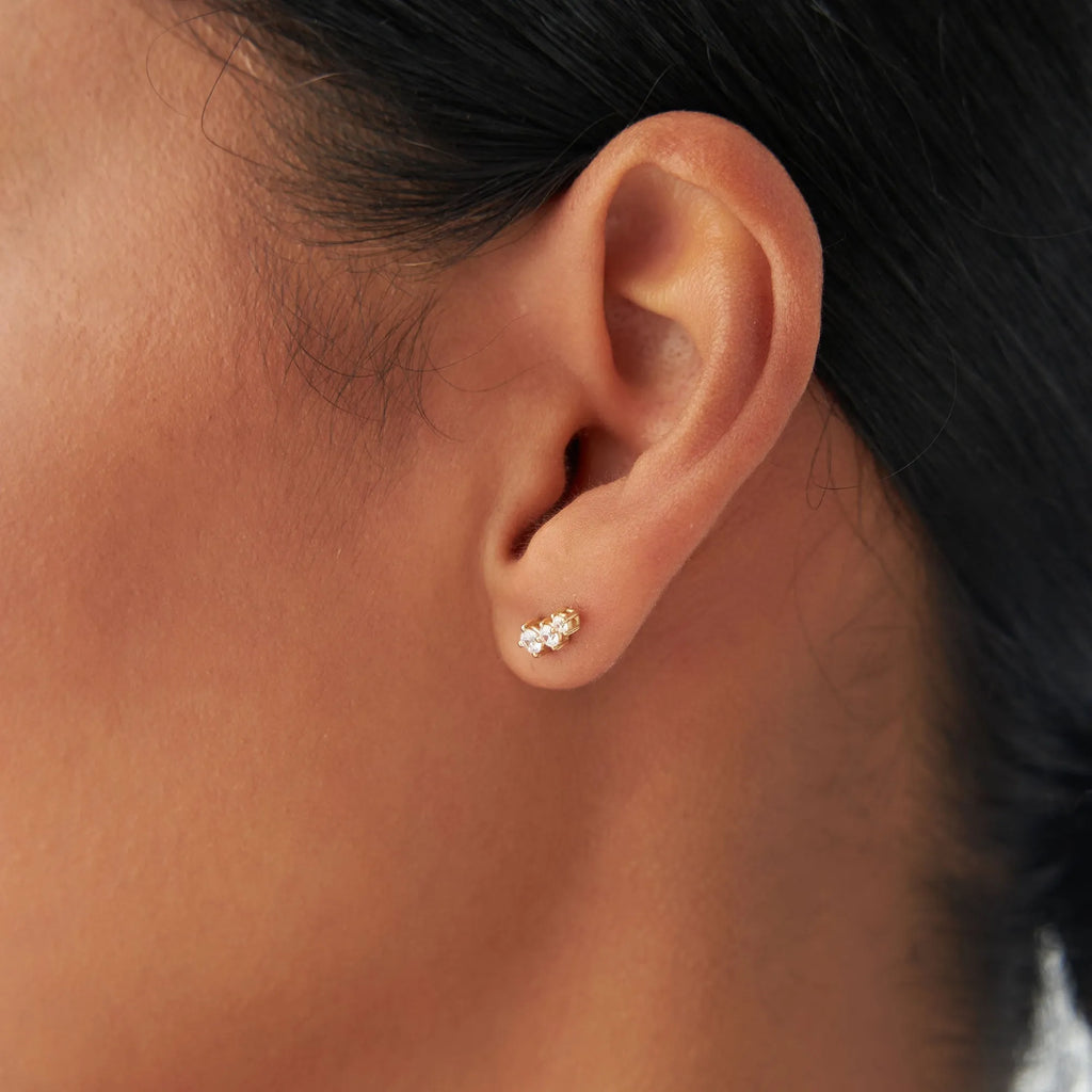 14k Gold Diamond Round Cut Three Stone Stud Earrings 0.35 ctw