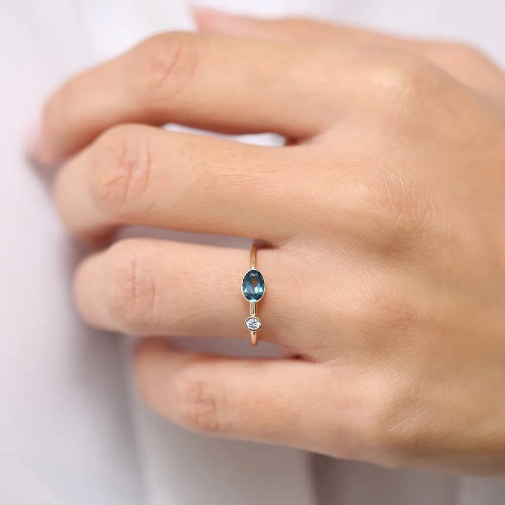14K Solid Gold Oval London Blue Topaz and Diamond 0.59ctw Bezel Set Ring