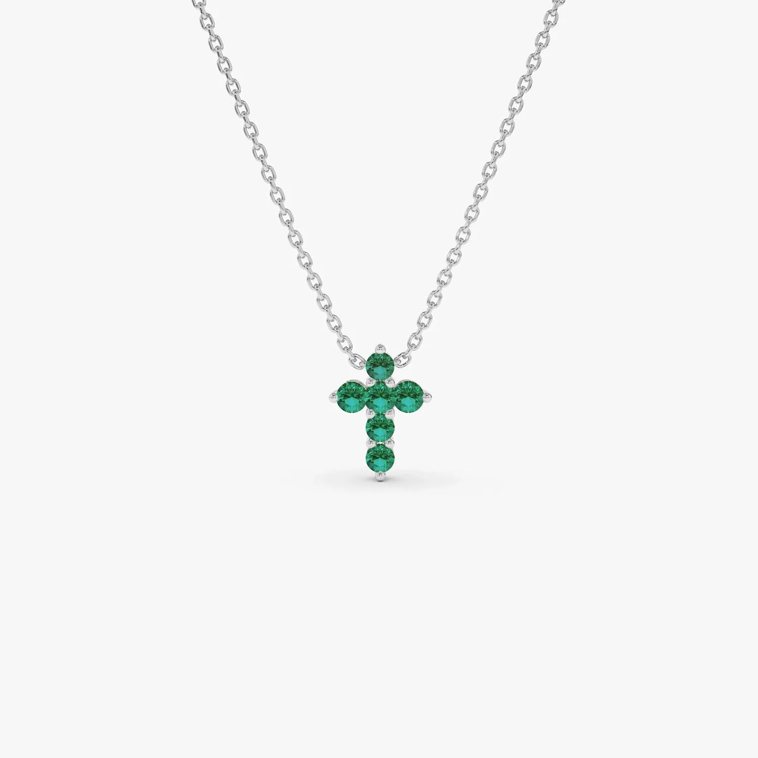 14k Solid Gold Round Emerald 0.18 CTW Tiny Cross Pendant Necklace Prong Setting