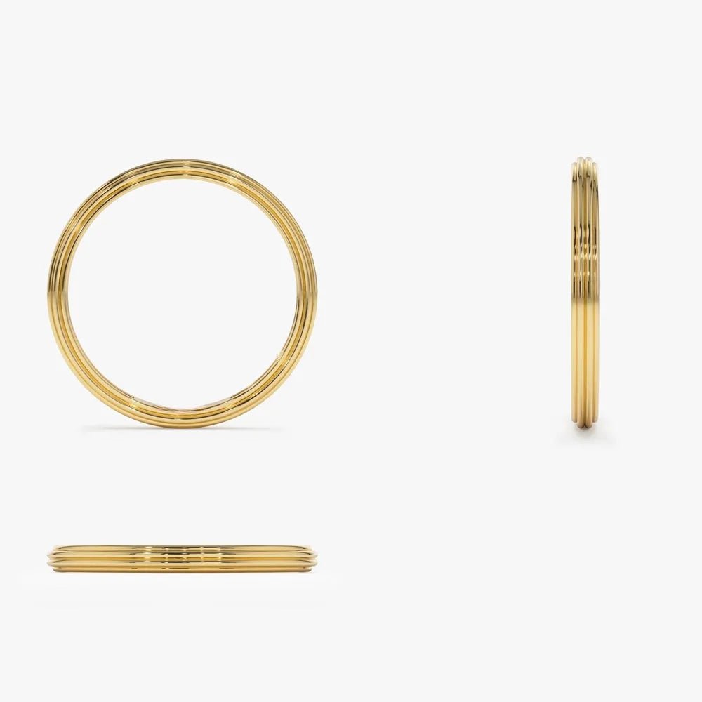 14K Solid Gold 2mm Multi Lined Minimalist Wedding Band Ring