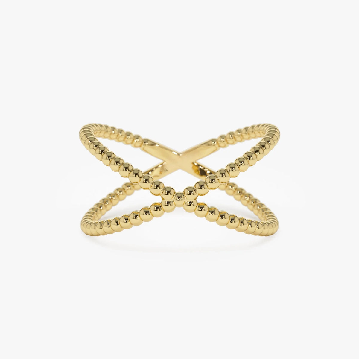 14k Solid Gold Beaded Band Criss Cross Statement Ring