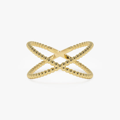 14k Solid Gold Beaded Band Criss Cross Statement Ring