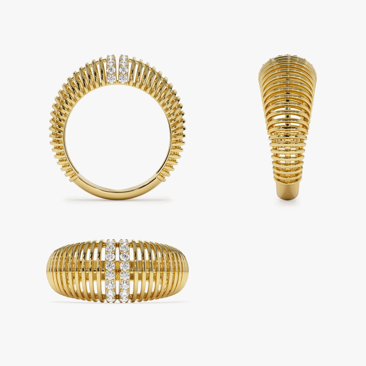14k Solid Gold Round Diamond 0.18 Carat Ribbed Dome Statement Ring