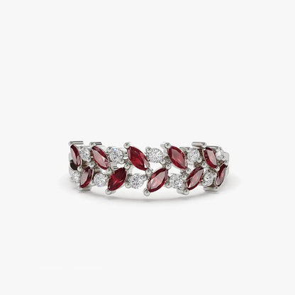 14k Gold Natural Ruby and Diamond Marquise and Round Cut Two Row Ring 0.65 ctw