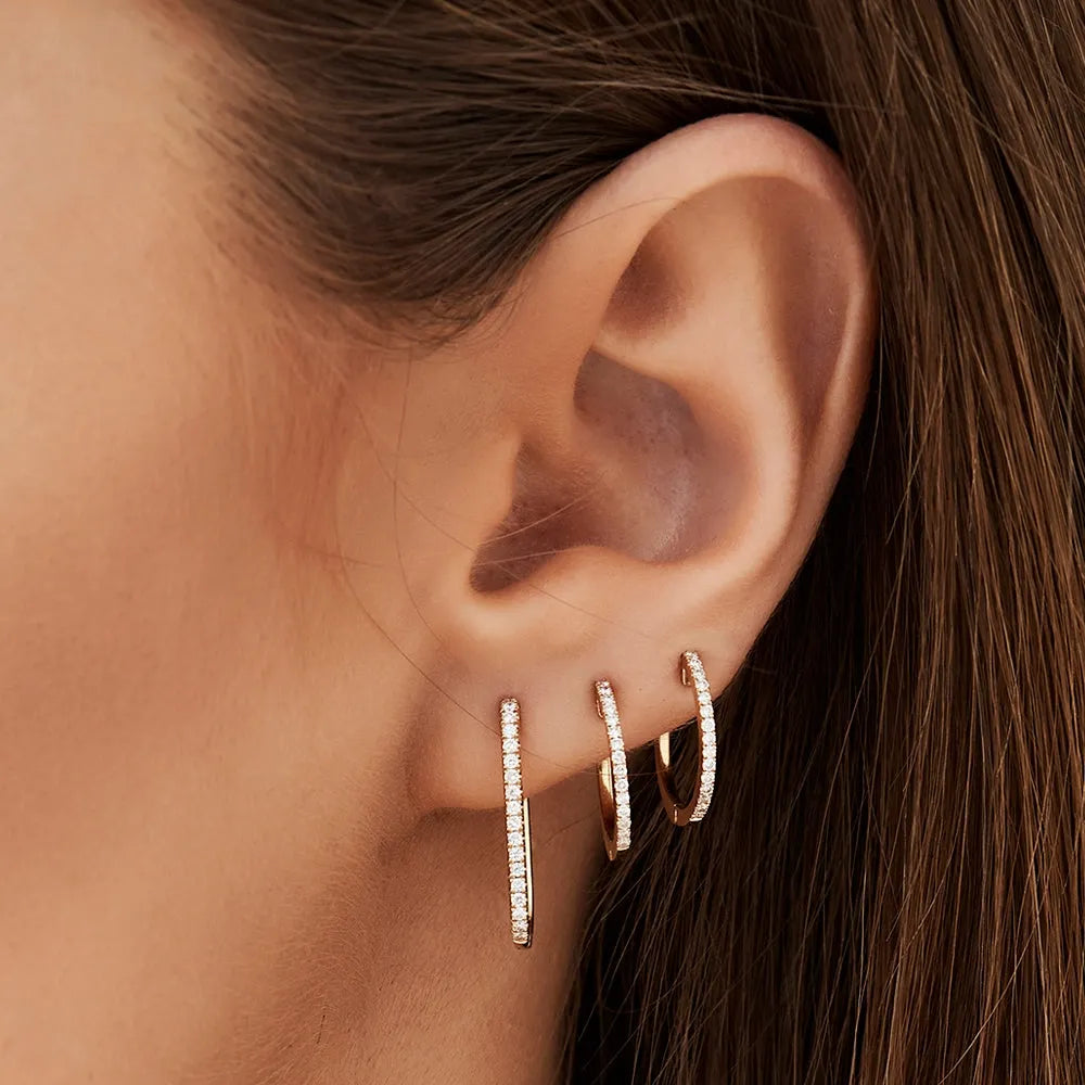 14k Gold Diamond Round Cut Medium Hoop Earrings Micro-Pave 0.17 ctw